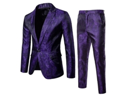 Conjunto De Blazer E Calças Slim Fit Estampado De Poliéster Para Ocasiões Casuais, Festas E Casamentos Roxo