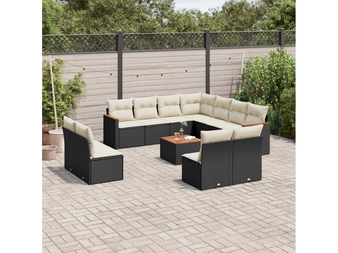 Conjunto de Sofá de Jardim 12 Peças C/ Almofadões Vime Pe Preto Dkd Home Decor