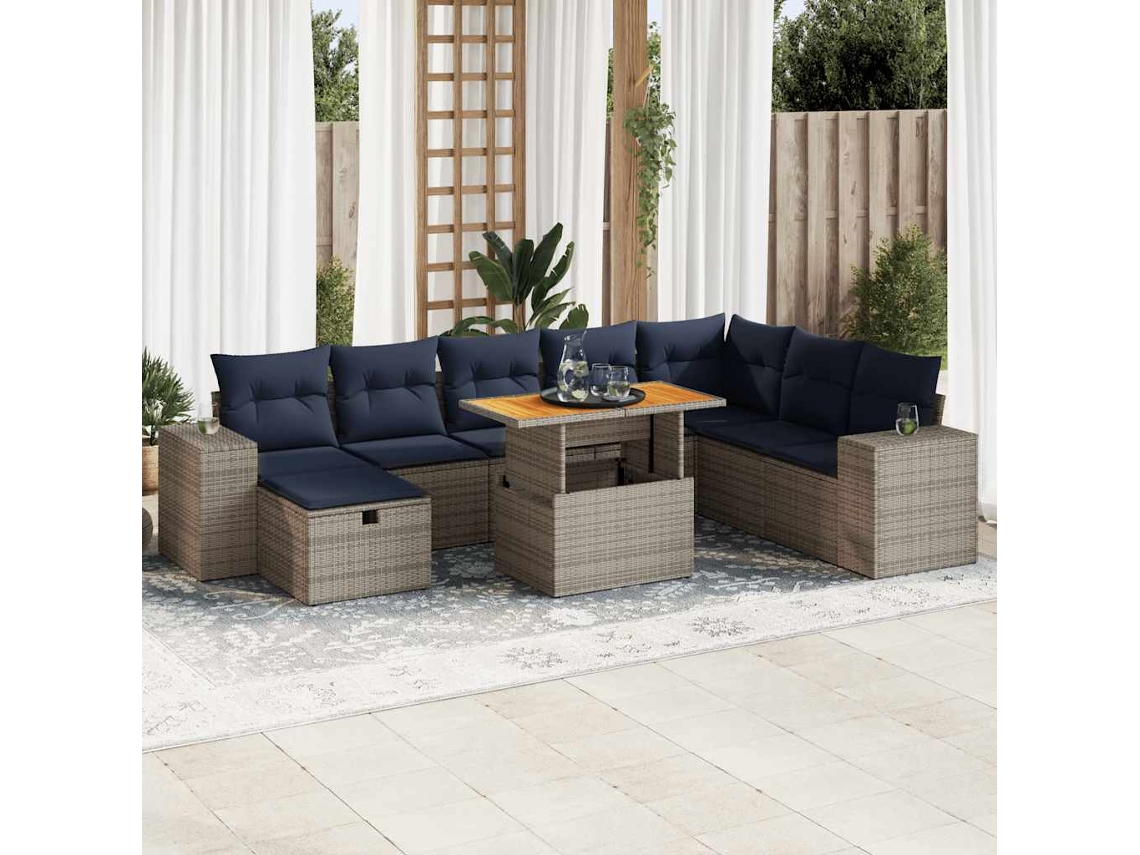 Vidaxl 9 Pcs Conjunto Sofás Jardim Almofadões Vime Pe/acácia Cinzento