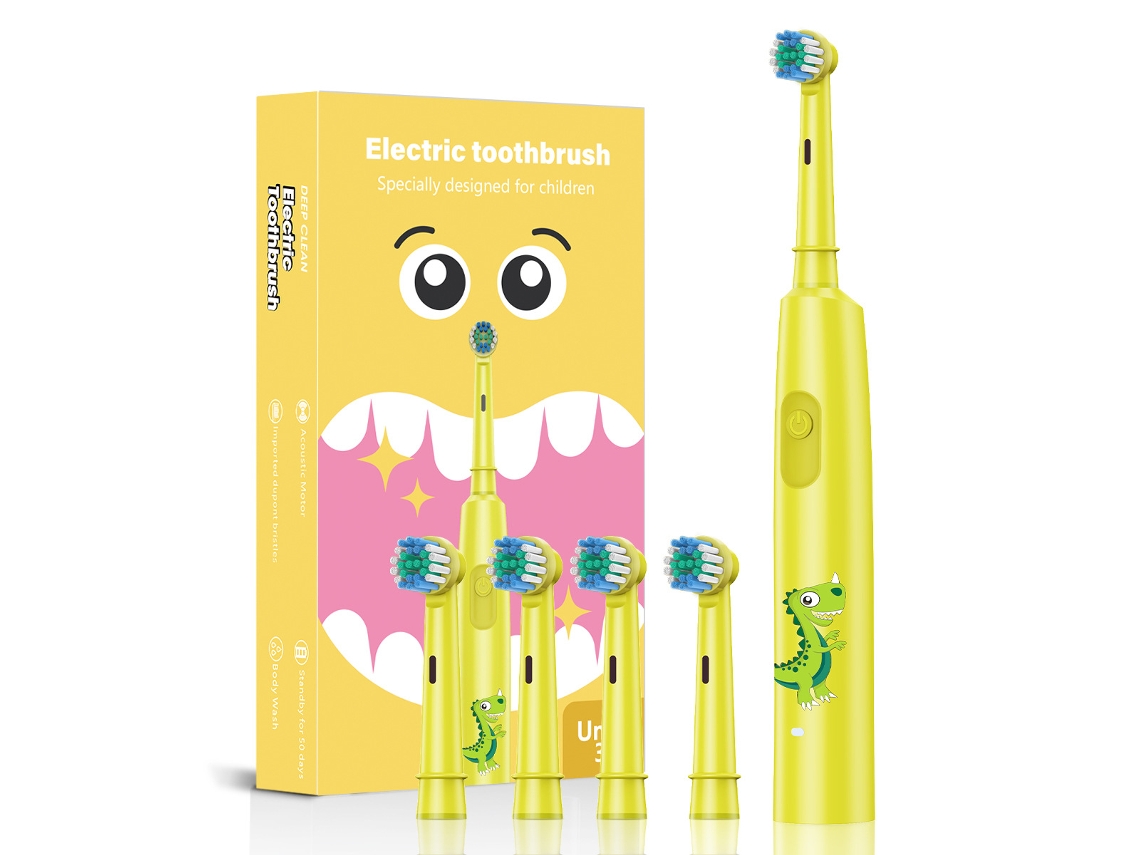 Escova de Dentes Elétrica Infantil, Design Cartoon com 4 Cabeças de Reposição. Amarelo CZHHMART