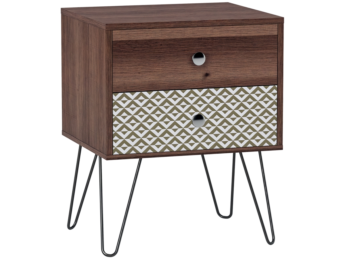 Mesa de Cabeceira Estilo Boêmio com 2 Gavetas, Pés de Aço, para Quarto Ou Sala de Estar, 45x39x55,5 Cm, Marrom