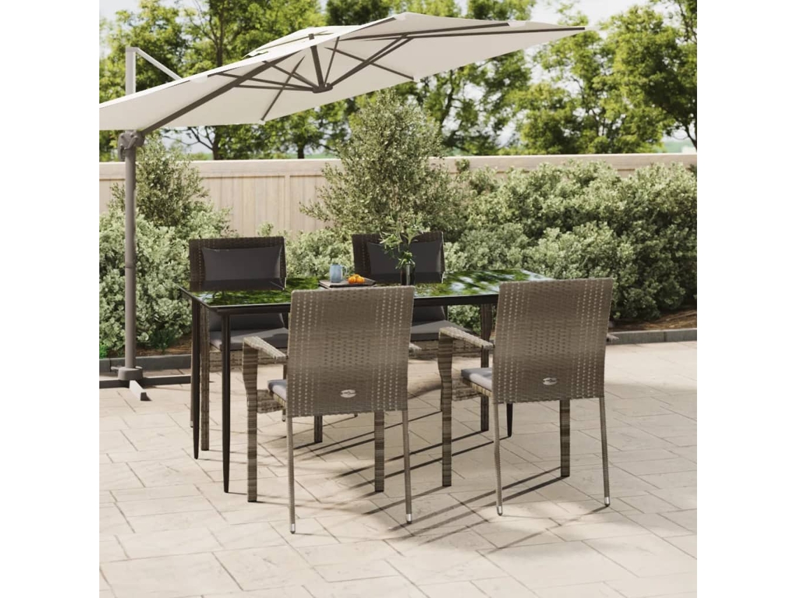 Vidaxl 5 Pcs Conjunto Jantar Jardim C/ Almofadões Vime Pe Preto/cinza