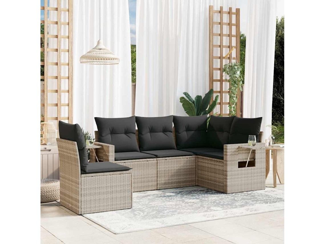 Vidaxl 5 Pcs Conj. Sofás Jardim C/ Almofadões Vime Pe Cinzento claro