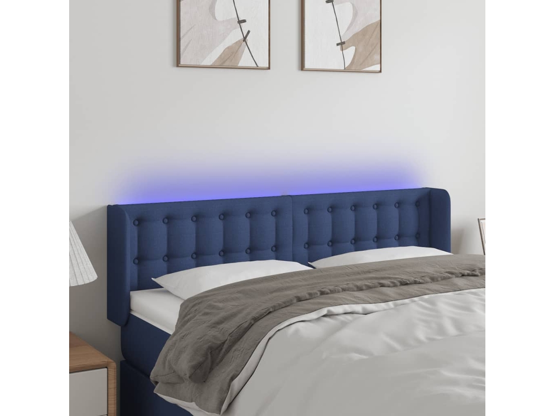 Vidaxl Cabeceira De Cama C/ Luzes Led Tecido 147x16x78/88 Cm Azul