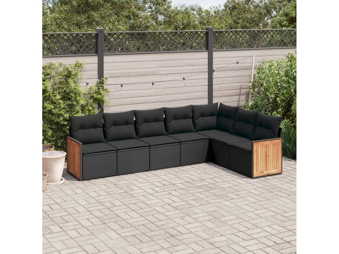 Jogo de Sofá 7 Peças P/ Jardim C/ Almofadões Vime Pe Preto Dkd Home Decor