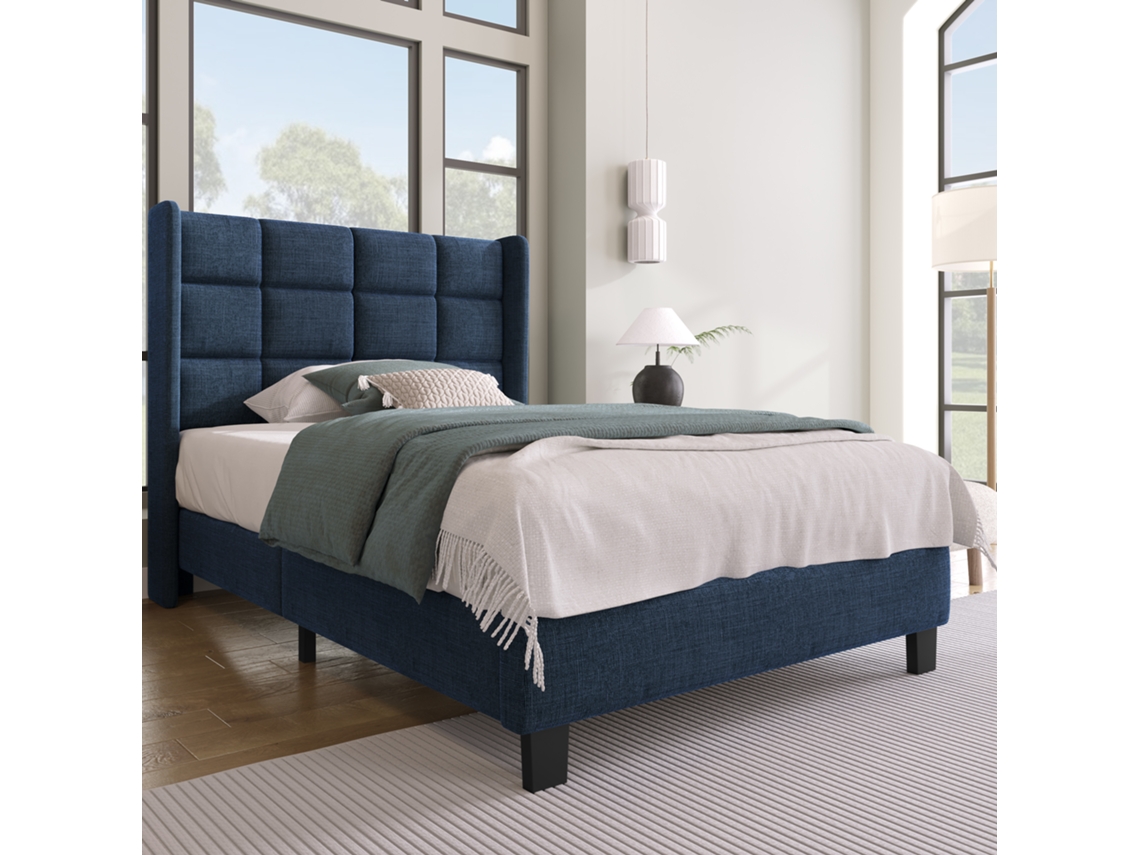 Cama Solteiro Azul 90x200cm Estofada, Linho, Ripas (s/ Colchão).-op