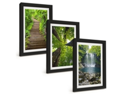 Conjunto De Pinturascaminho, Floresta, Cachoeira, Vegetação Moldura Preta Quadros Para A Sala De Estar Espelharte (3 Peças 20x30 Cm)