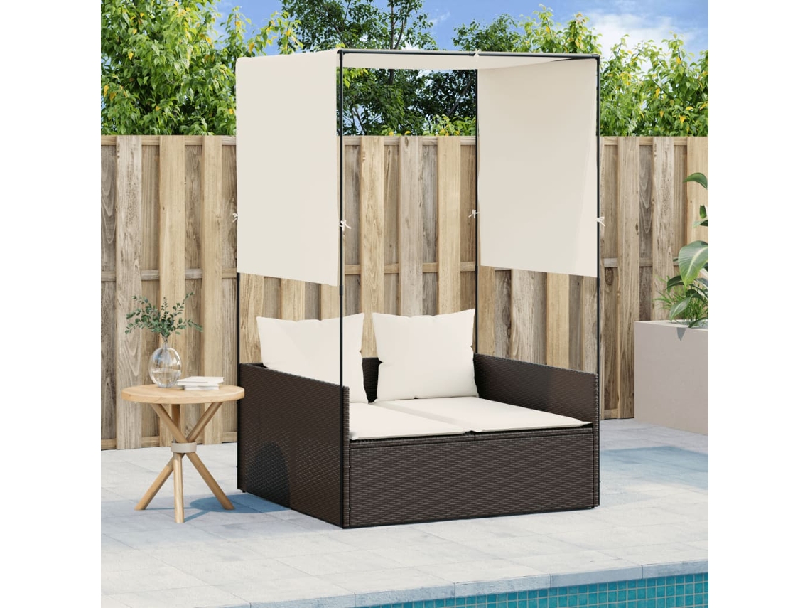 Vidaxl Espreguiçadeira Dupla Com Teto E Cortinas Vime Pe Castanho