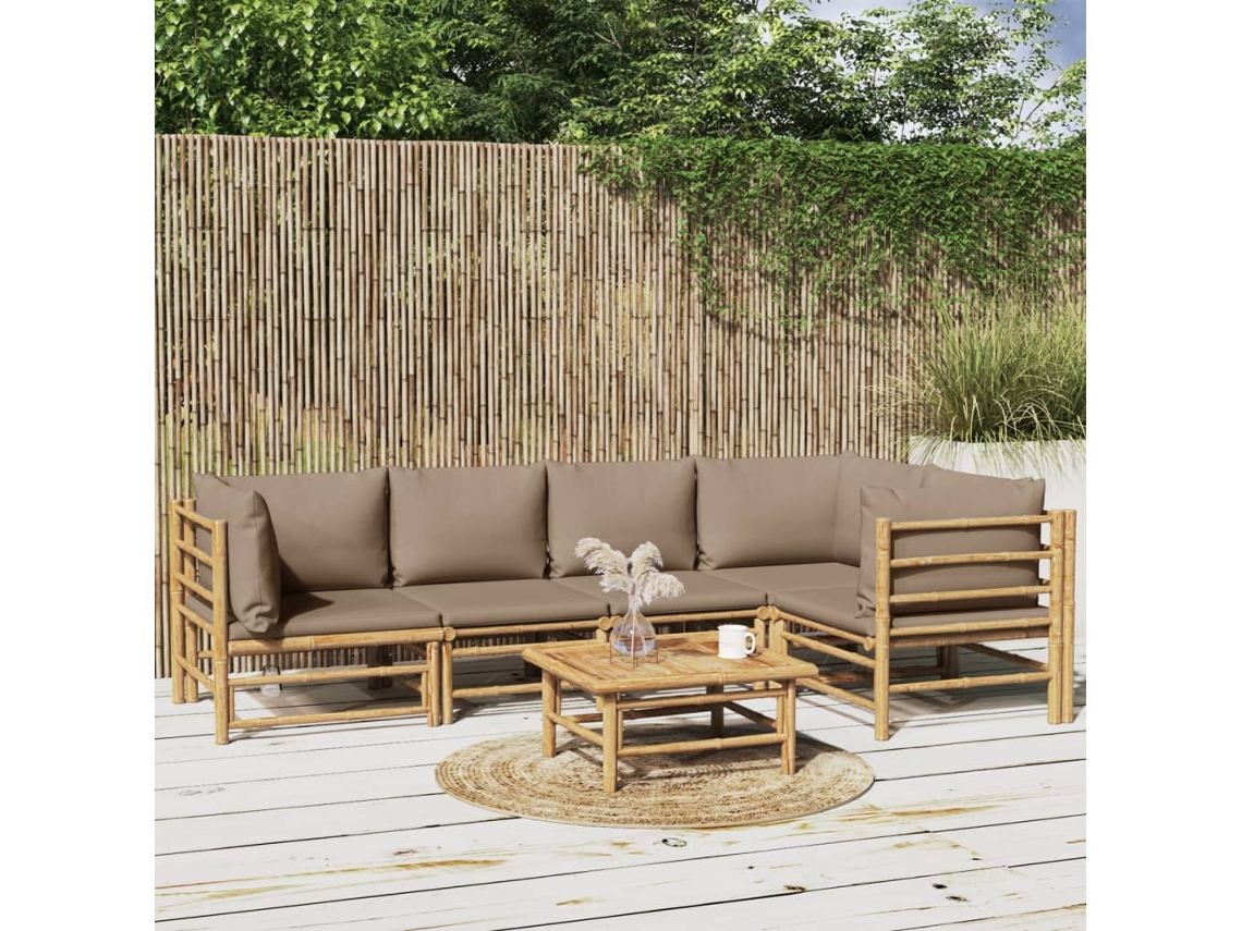 Vidaxl 6 Pcs Conj. Lounge Jardim Bambu Almofadões Cinzento-acastanhado