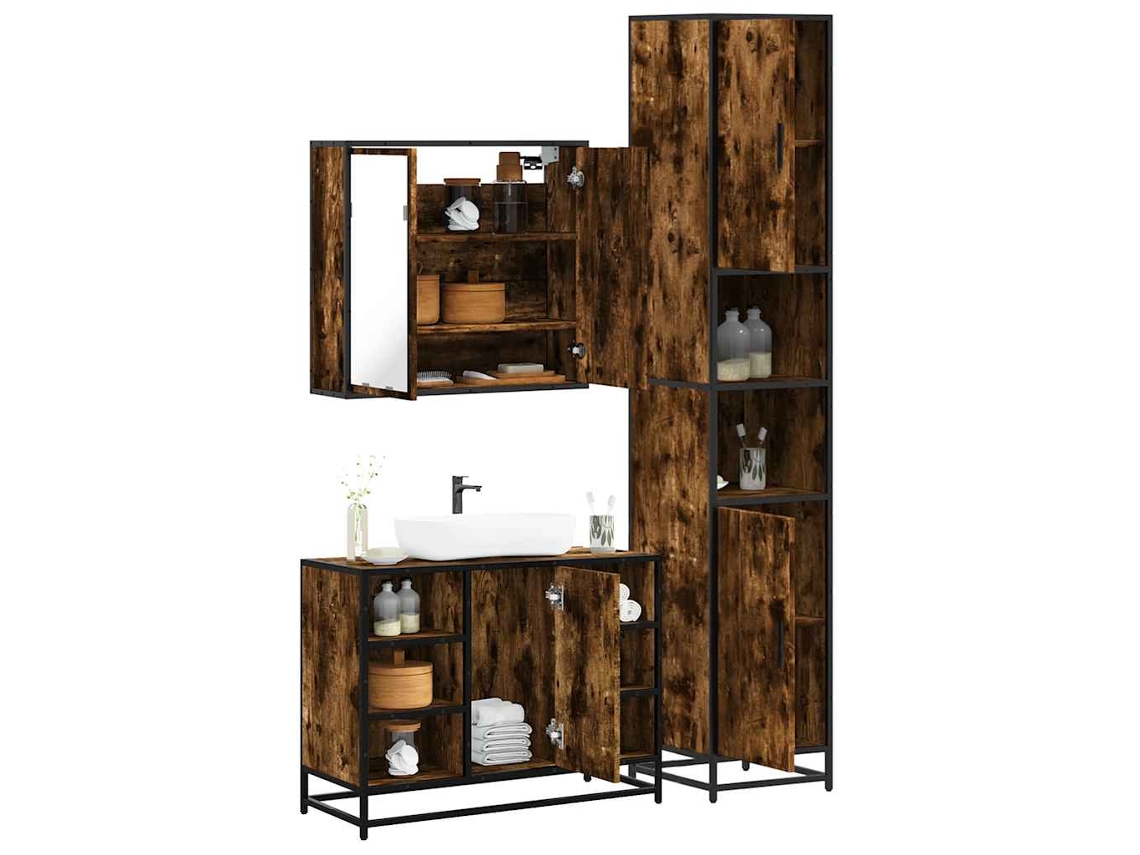 Vidaxl 3 Pcs Conjunto De Móveis Wc Madeira Processada Carvalho Fumado