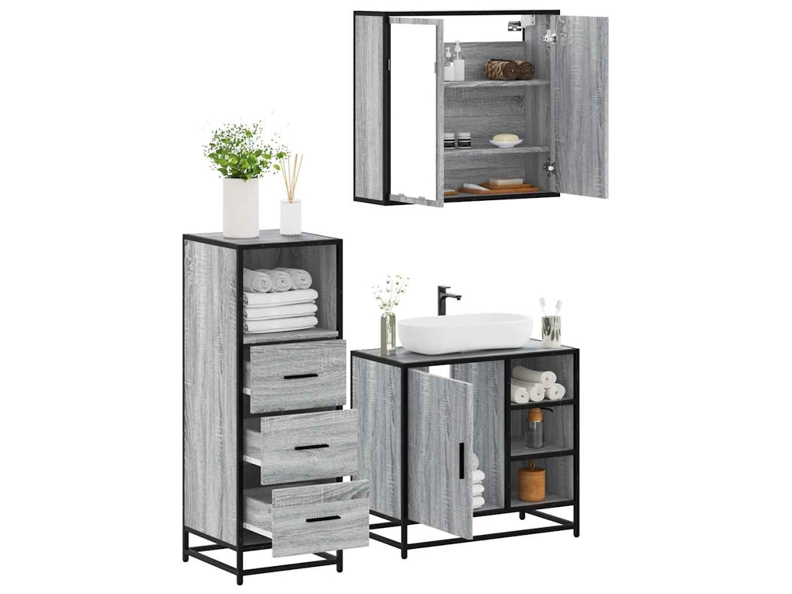 Vidaxl 3 Pcs Conjunto Móveis Casa De Banho Madeira Proc. Cinza Sonoma