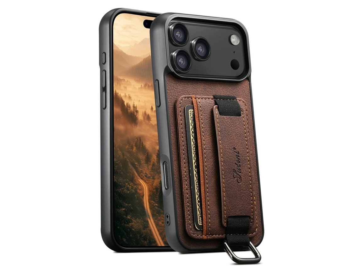 Capa Para Celular Suteni Para Iphone 17 Pro Com Porta-cartões Em Couro Cor Lichia - Marrom