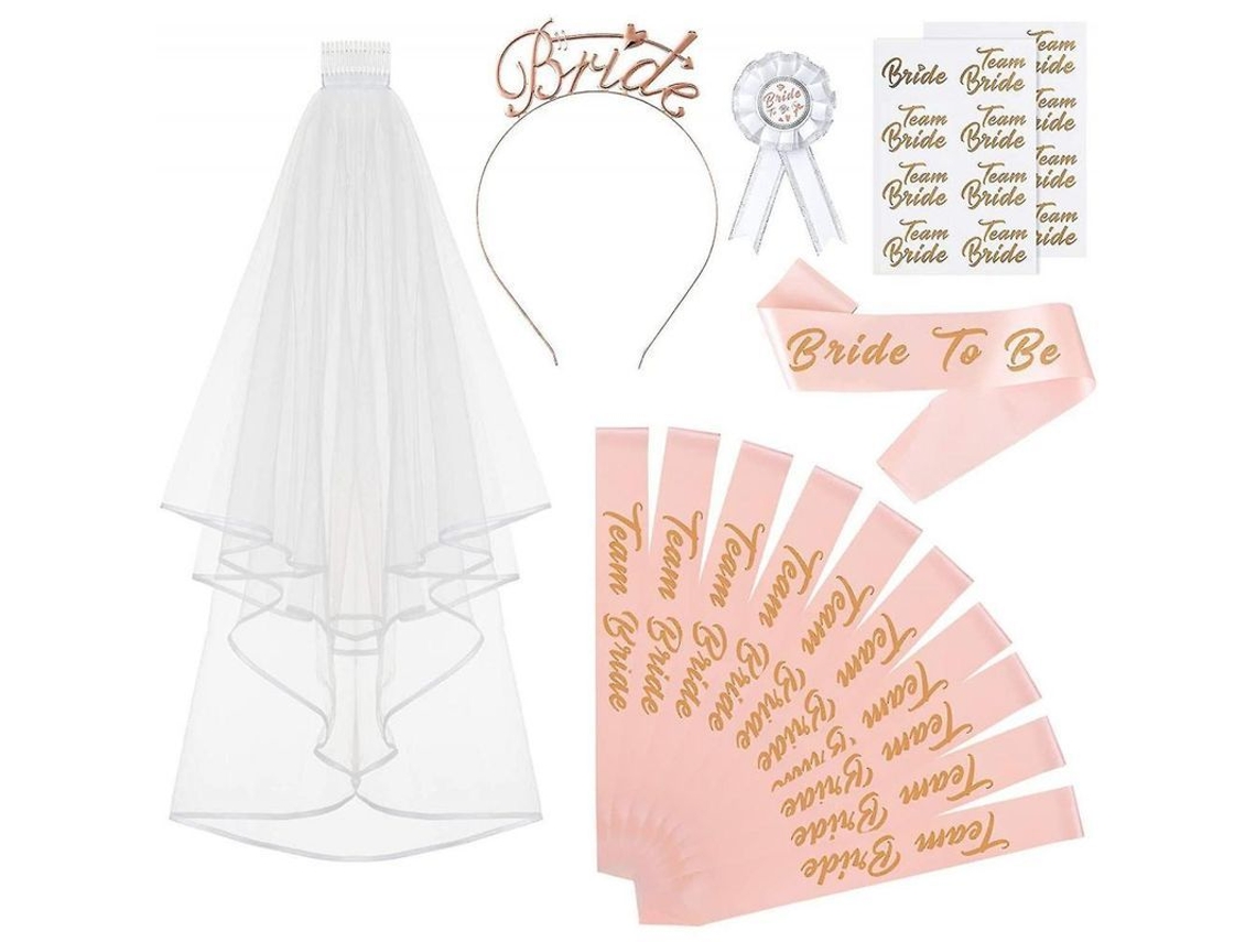 2026 set de 30 Piezas para Fiesta de Soltera Color Oro Rosa Con Velo, Diadema, Sashes Y Tatuajes Temporales