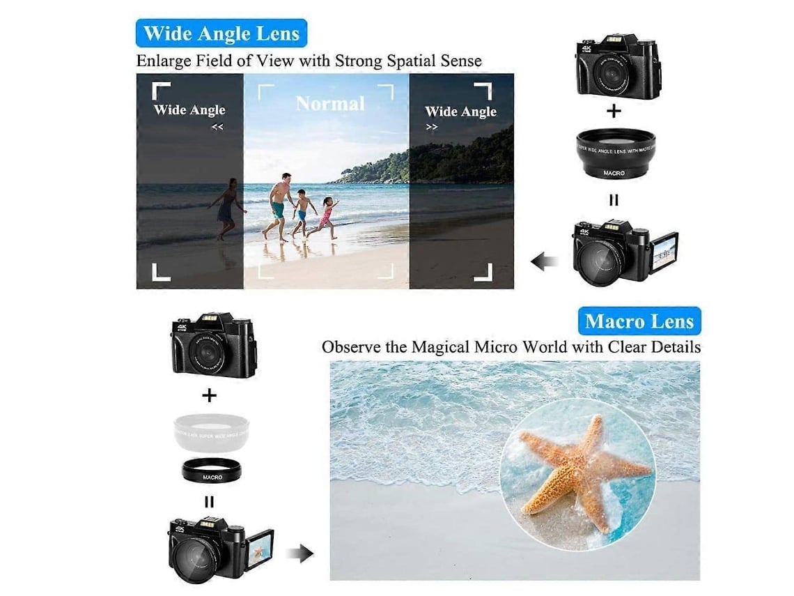 Câmara Digital 4k 75mp Com Ecrã Rotativo De 3 Polegadas, Cartão Sd De 32gb E Zoom 16x
