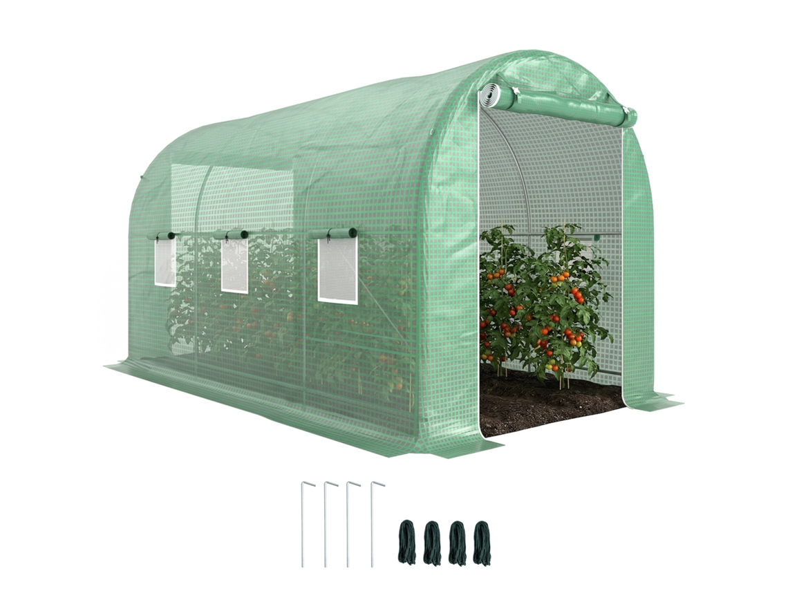 Estufa em Túnel 4x2x2 M com Porta Enrolável e 6 Janelas de Malha Cobertas em Pe 140 G/m² Verde Ge