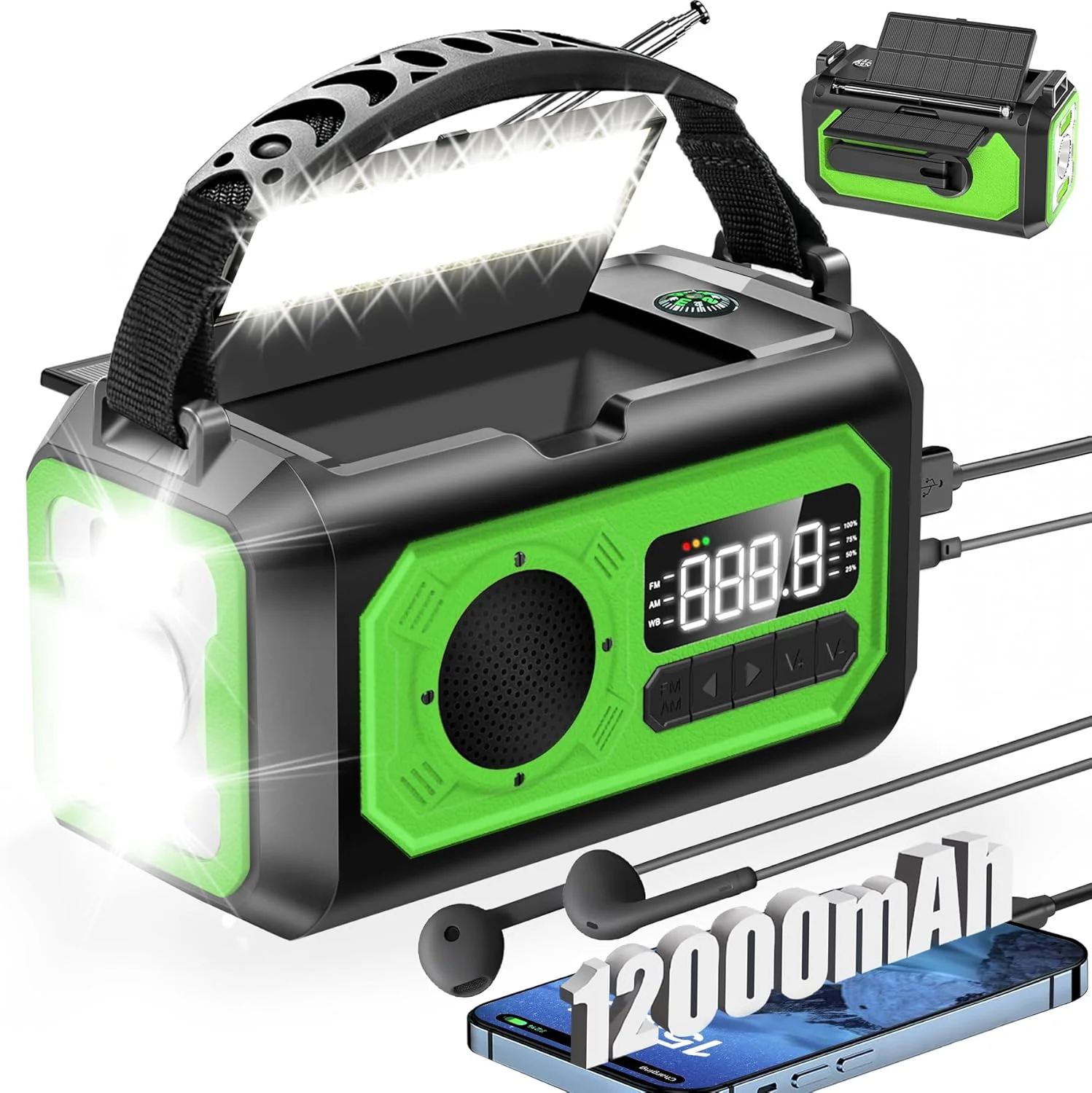Rádio De Emergência Solar Com Manivela 12000mah Verde Lurelia