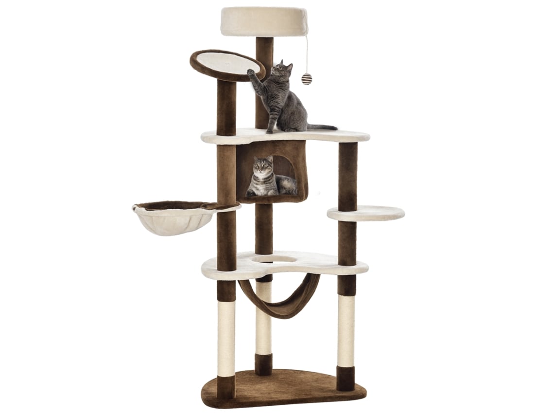 Torre Grande para Gatos 65x50x153 Cm com Múltiplas Plataformas, Poste para Rede, Bolas de Brinquedo e Caverna ESSÊNCIACASA (marrom)