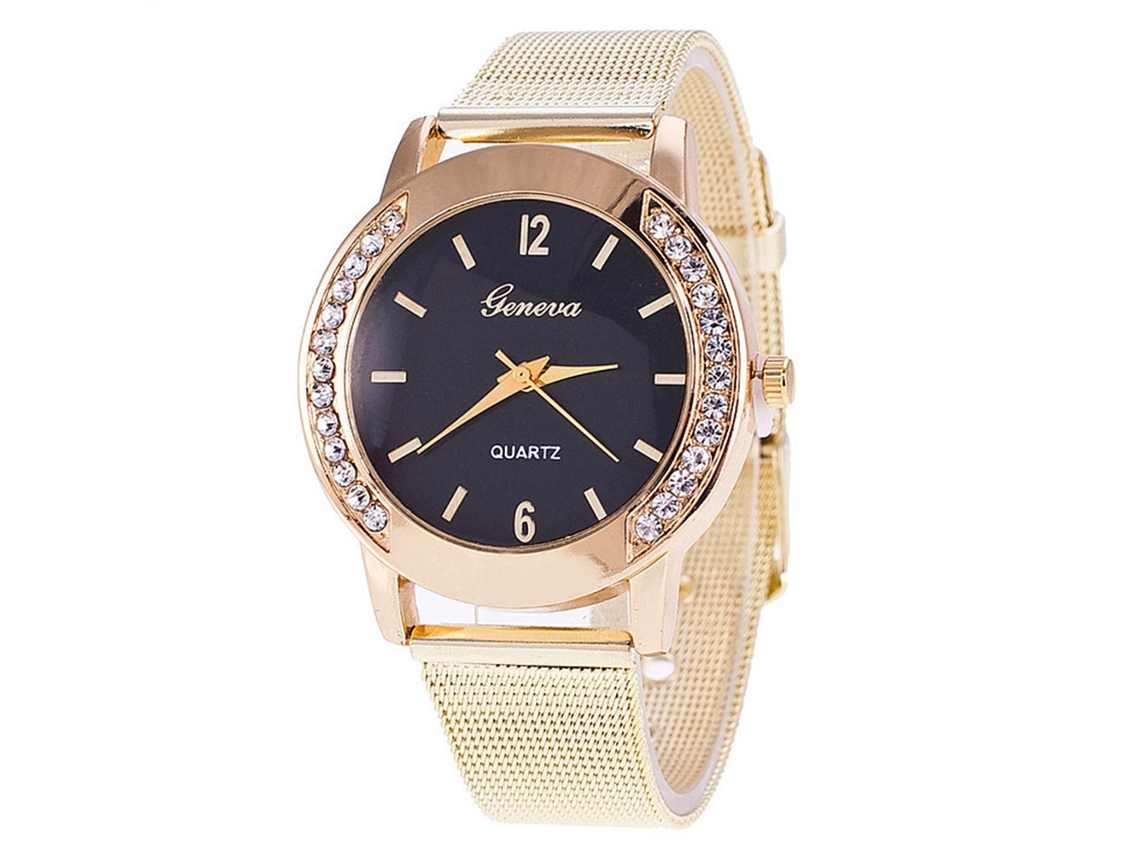Relógio De Quartzo Casual Para Homens E Mulheres Com Pulseira De Rede, Mostrador Redondo, Cor Preta