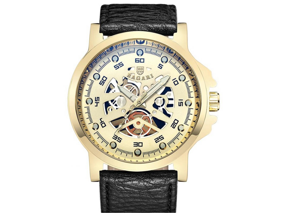 Relógio de pulso masculino de luxo Bagari, resistente à água, quartzo, dourado e preto.