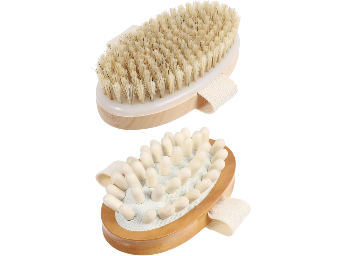 Conjunto De 2 Escovas Para O Corpo E Pele Seca Fomiyes Com Cabo Madeira, Escova De Massagem Esfoliante Macia