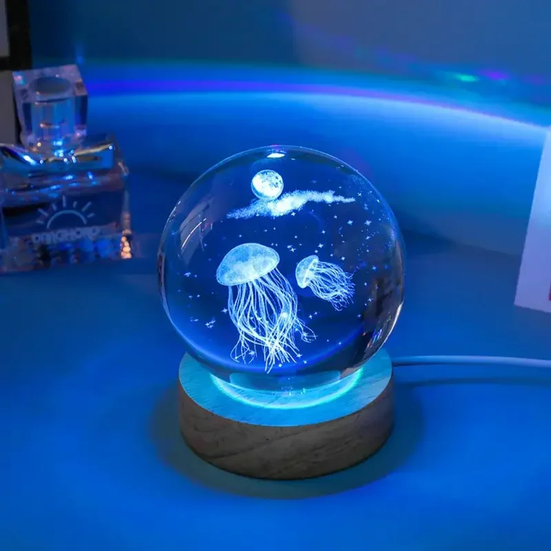 Luminária Noturna Led em Formato de Água viva 3d de 6cm com Cristal MDUG (luz Colorida)