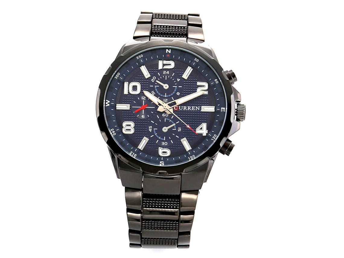Relógio de pulso masculino Curren, estilo fashion, quartzo, pulseira de liga metálica, preto e azul.