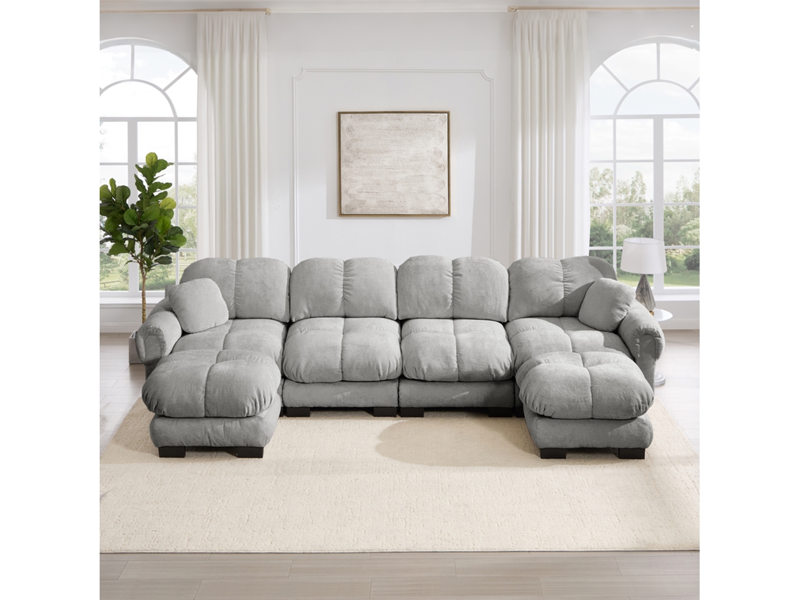 Sofá De Canto U 4 Lugares Em Chenille Com 2 Pufes Móveis, Design Acolchoado E Encosto Ergonómico, Cinzento Claro