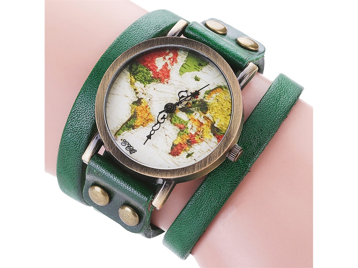 Relógio de Pulso Feminino Ccq de Camada Múltipla Mostrador Mapa Retro Pulseira Pu Verde