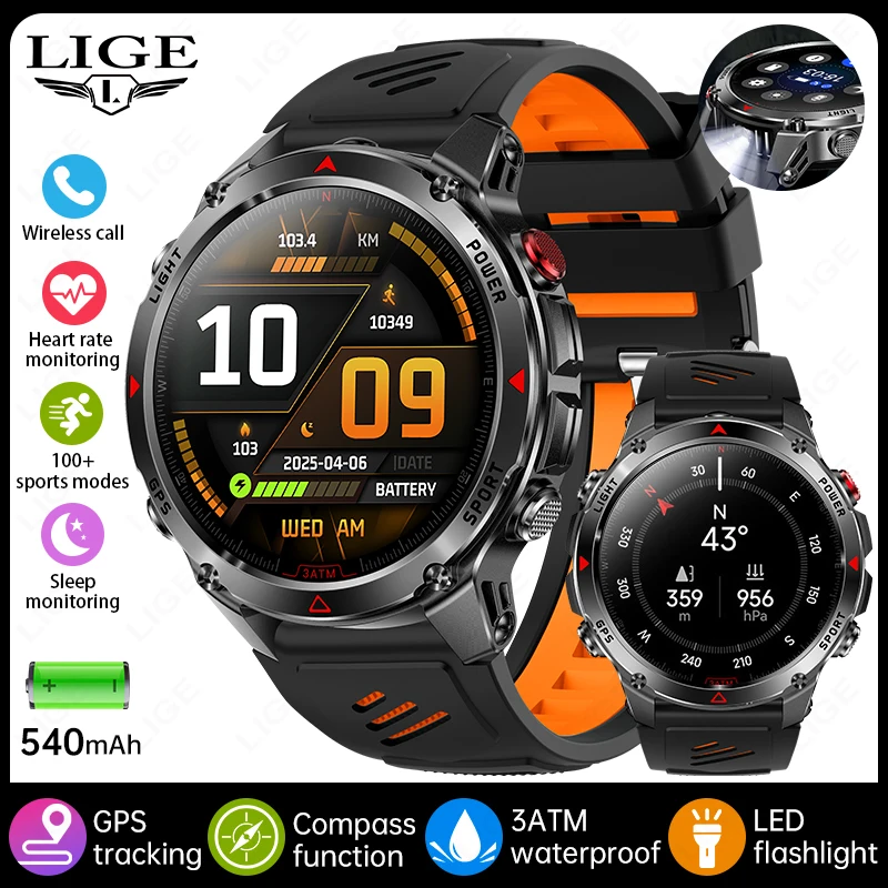 Smartwatch MDUG esportivo à prova d'água com GPS, tela de 1,46 polegadas, preto e laranja
