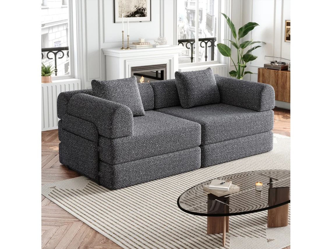 Sofá-cama 2 Em 1 Em Chenille Com Compartimento Lateral E Estrutura Metálica