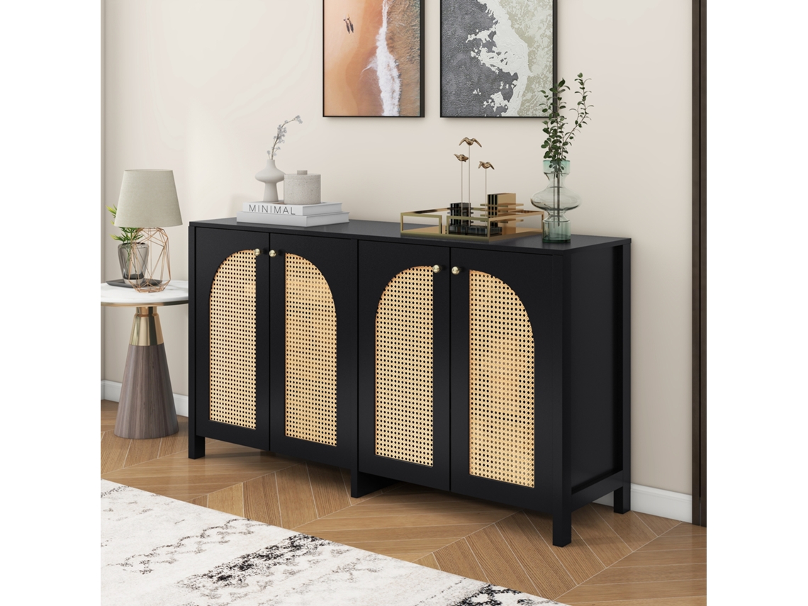 Cômoda Moderna Minimalista Com 4 Portas De Rattan E Puxadores Metálicos, Buffet Simples Para Sala De Jantar, Estar E Cozinha (preto).
