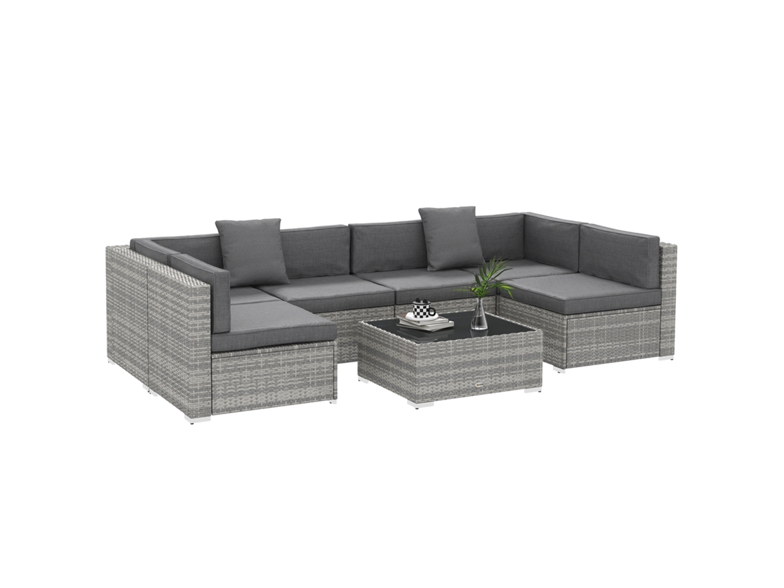 Conjunto de Móveis de Jardim, 7 Peças, Mesa de Centro Modular, Tampo, Vidro Temperado, Almofadas Removíveis Incluídas, Cinza Ge