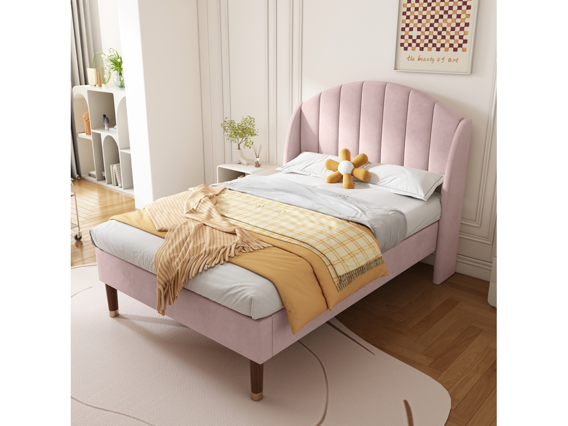 Cama Solteiro Rosa 90x200cm Estofada, Veludo, Cabeceira Ajustável, Ripas. -op