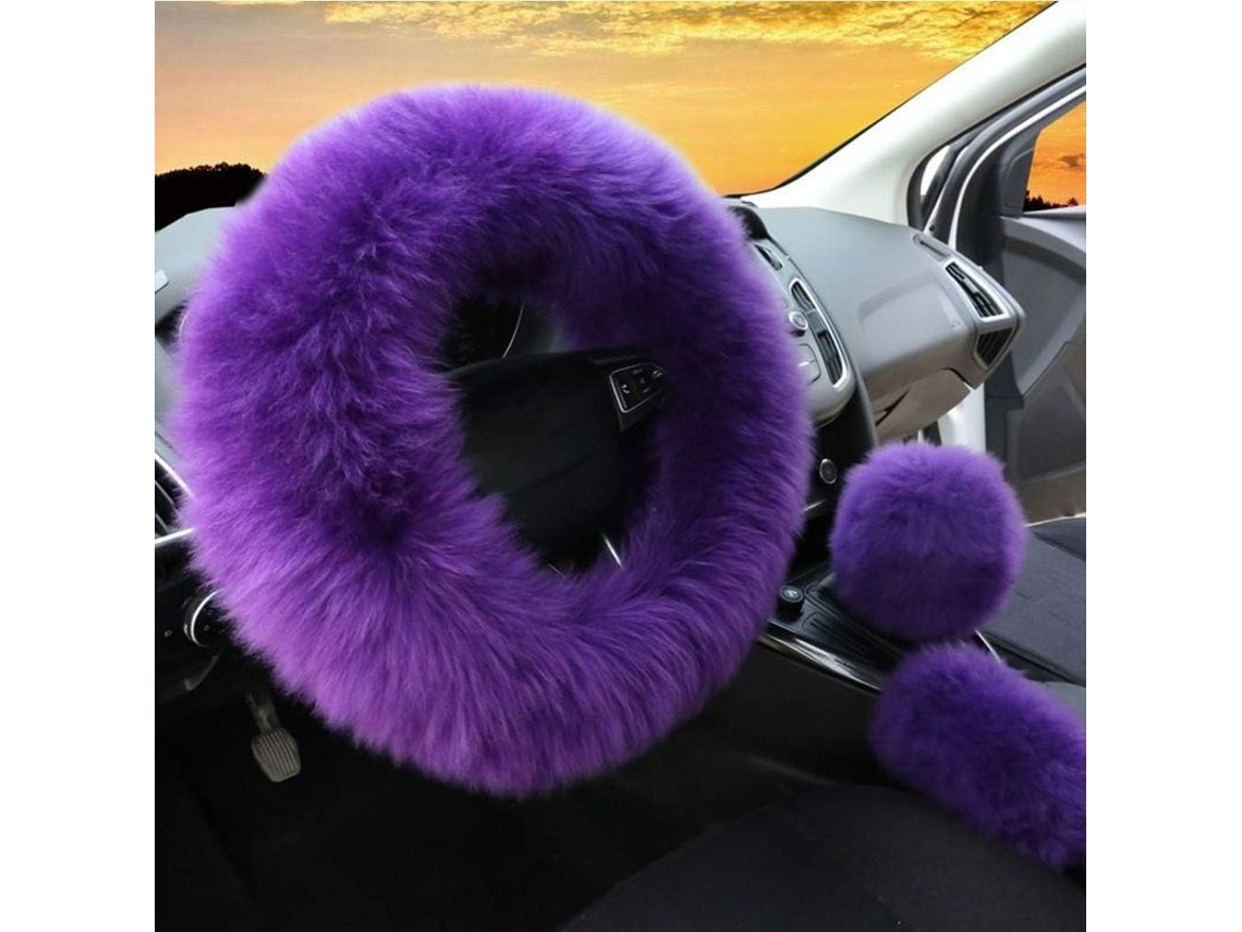 3 Peças Capa Do Volante Em Couro Lana Couro Macio Inverno Mulher Roda Carro Rosa Luxo