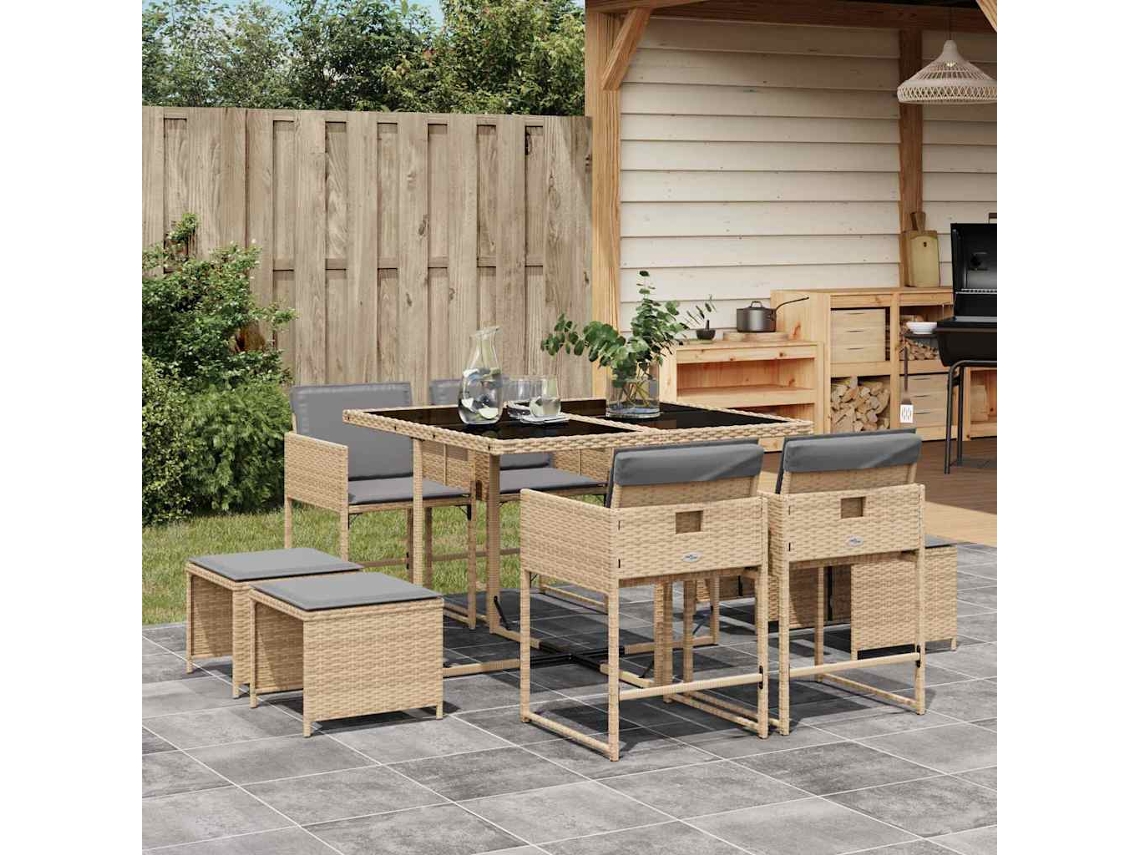 Vidaxl 9 Pcs Conj. Jantar Jardim C/ Almofadões Vime Pe Bege Misturado
