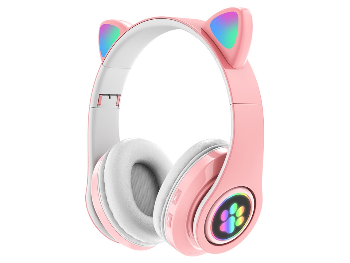 Fones de Ouvido Bluetooth com Lanterna, Design Orelhas de Gato, Microfone, MDUG, Rosa