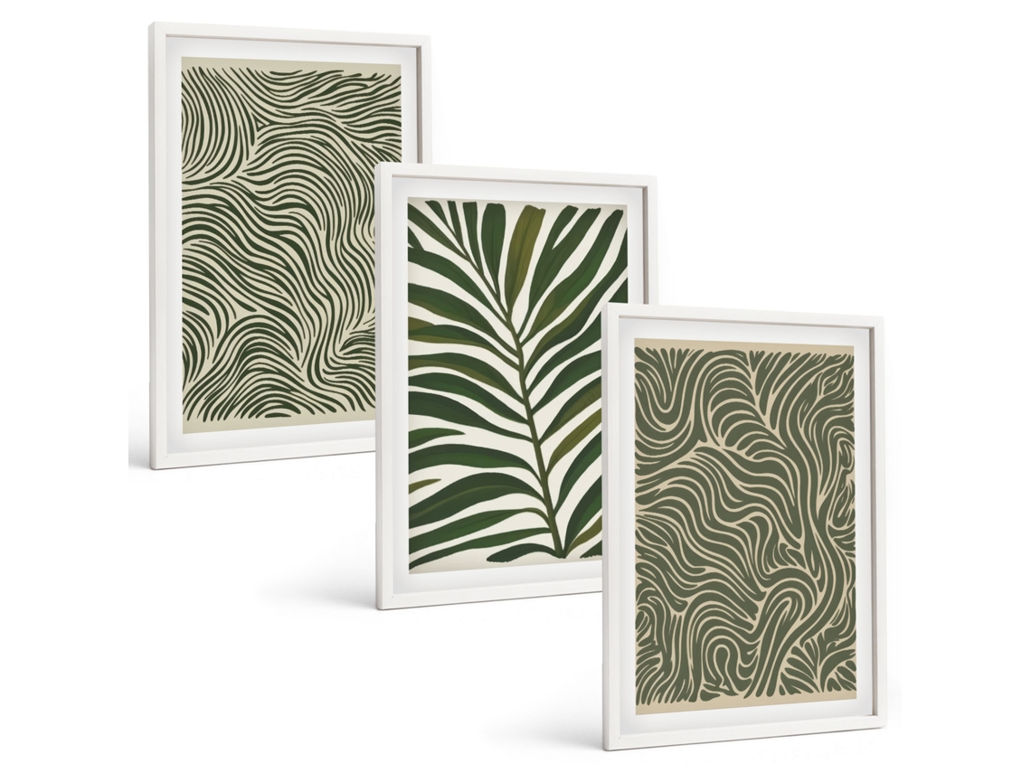 Conjunto De Pinturas Padrões De Folhas Em Formas Onduladas Espelharte (3 Peças 40x60 Cm)