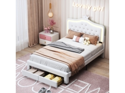Cama Infantil Estofada,140x200 Cm, Com Cabeceira Em Formato De Coroa De Princesa E Iluminação Led, Cama De Solteiro Com 2 Gavetas, Em Pu Branco