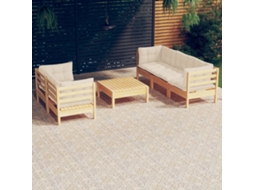Vidaxl 6 Pcs Conjunto Lounge Jardim C/ Almofadões Cor Creme Pinho