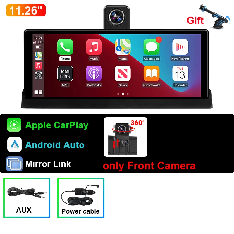 (apenas Um Cartão Sim) Câmera Veicular 4k De 11,26 Polegadas Com Carplay Sem Fio E Gps De Lente Dupla