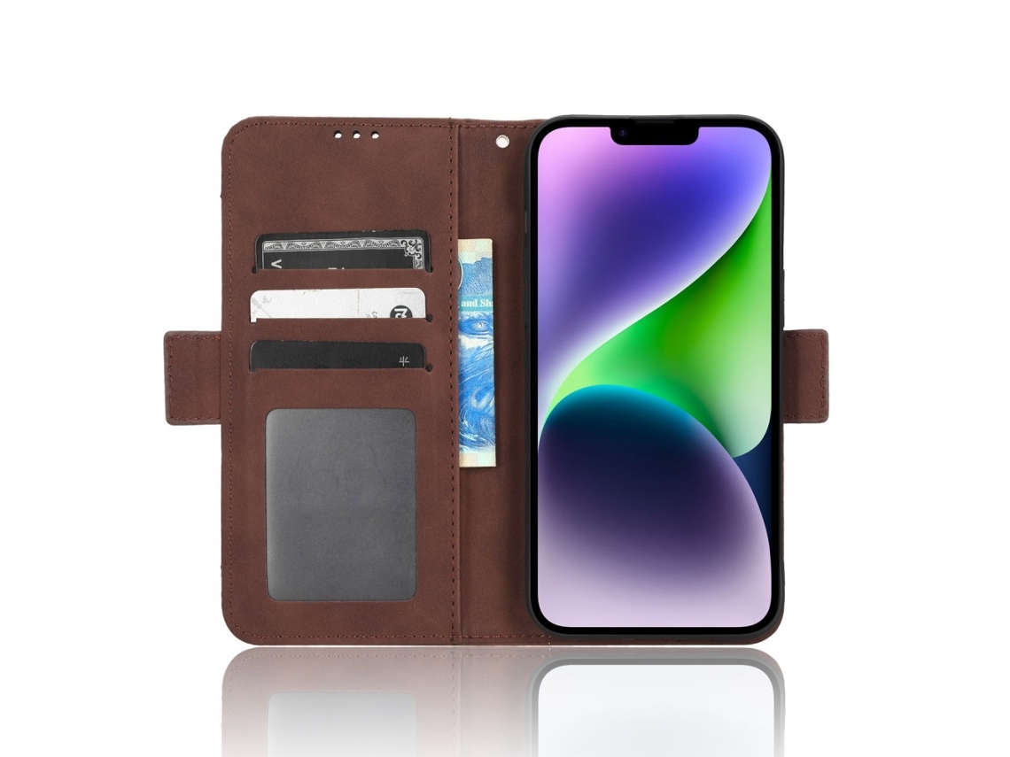 Capa Para Iphone 14 Plus Pele Sintética Anti-riscos Com Porta-cartões Castanho