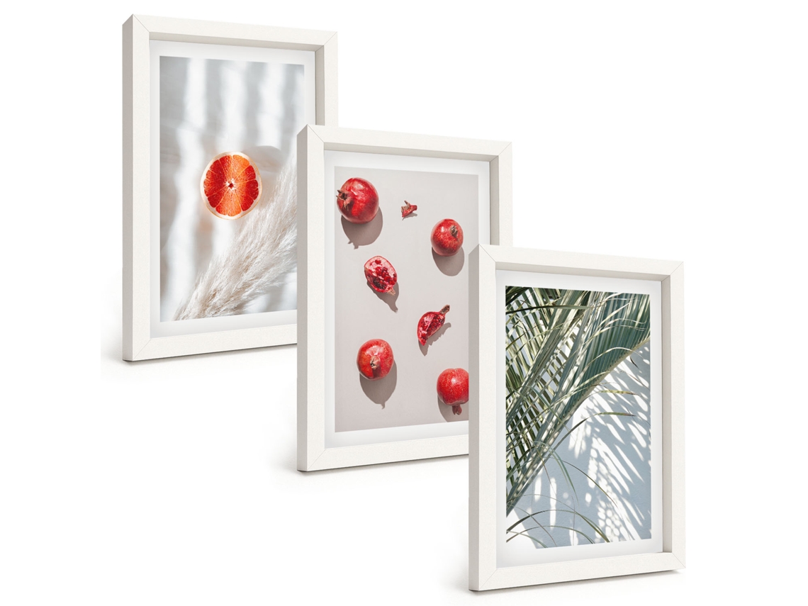 Composição De Quadros Férias Com Palmeiras E Frutos Moldura Branca Quadros Para A Sala De Estar Espelharte (3 Peças 20x30 Cm)