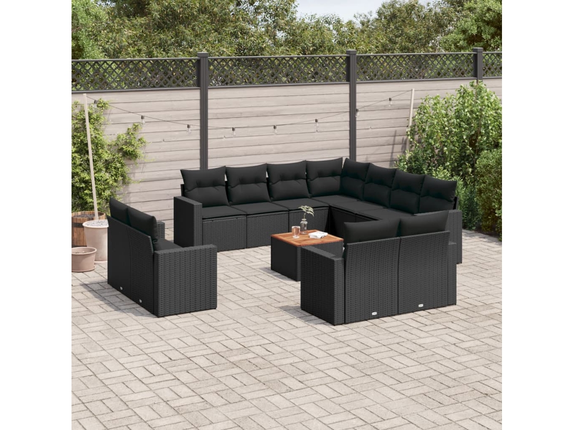 Vidaxl 12 Pcs Conjunto De Sofás De Jardim C/ Almofadões Vime Pe Preto