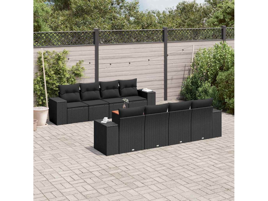 Vidaxl 9 Pcs Conjunto De Sofás P/ Jardim C/ Almofadões Vime Pe Preto