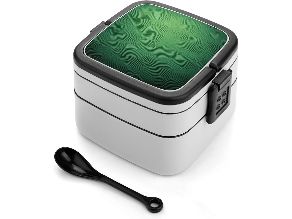 Lancheira Verde Texturizada E Curva Para Adultos Com Colher, Recipiente Fofo De Duas Camadas Para Almoço, Empilhável, À