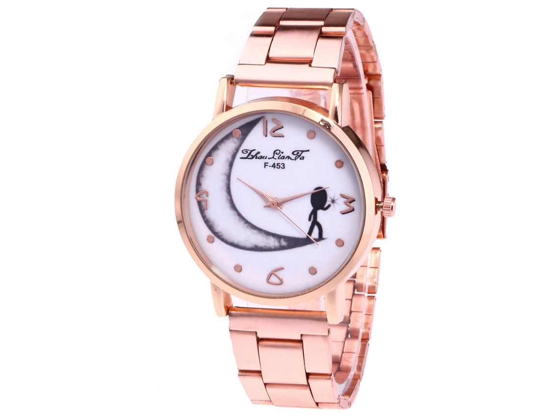 Reloj De Pulsera Zhoulianfa Con Dial Redondo Y Patrón De Luna Y Persona, Correa De Acero, Cuarzo, Mujer