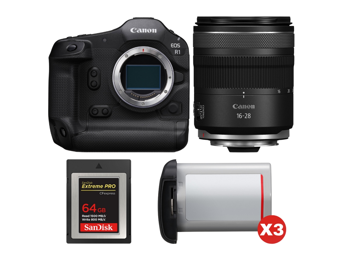 Eos R1 + Rf 16 28mm F/2.8 Is Stm + 1 Sandisk 64gb Extreme Pro Cfexpress Type B + 3 Canon Lp e19 + Ebook “20 Dicas para Fotos Que Impressionam” CANON