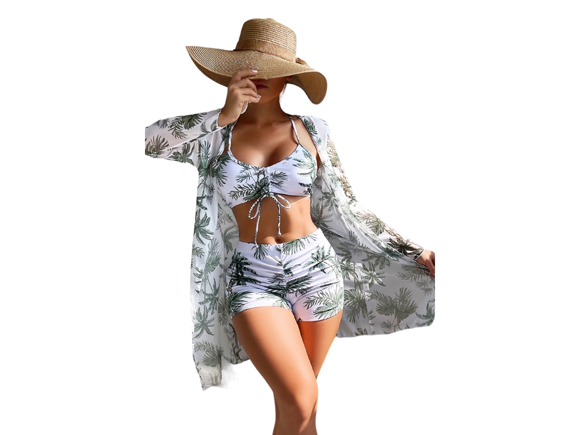 Maiô Feminino 3 Peças Branco Tamanho L Modelo Confortável E Elegante Para Verão Com Sutiã Bustier, Calcinha Com Babados E Saída De Praia