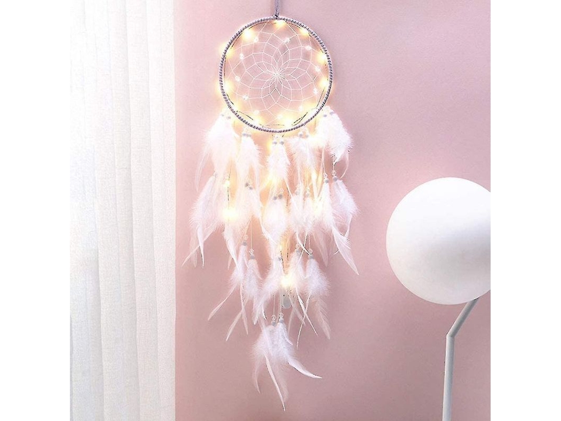 Arte De Parede Catchers De Sonhos Com Luz Led - Decoração De Quarto Branca Mão Feita 15.5x85cm