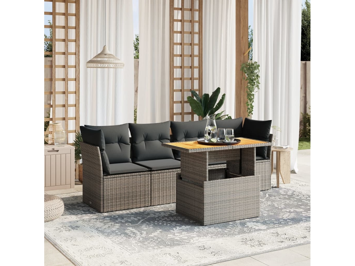 Vidaxl 5 Pcs Conjunto Sofás De Jardim C/ Almofadões Vime Pe Cinzento